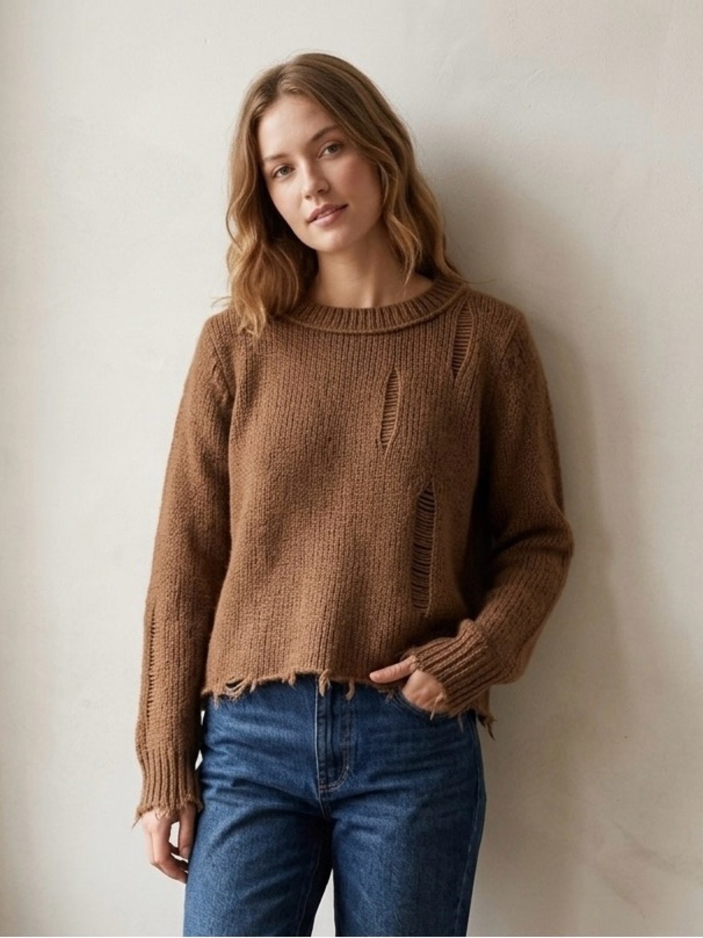 Wooden Ships Oliver Distressed Crew Chunky Mohair Blend Sweater Brown S/M